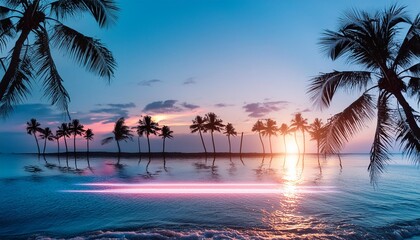 Wall Mural - a beautiful sunset over the ocean with palm trees in the background neon style