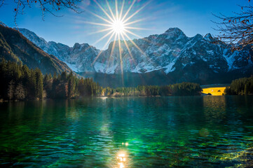 Morning in the Fusine lakes valley. Autumn reflections.