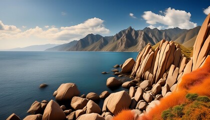 Wall Mural - rocks and sea blue skies and mountains