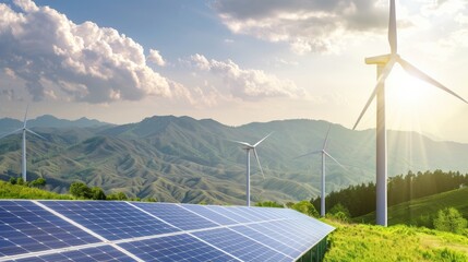 wind turbines and solar panels in a serene landscape, demonstrating efficient energy generation and 
