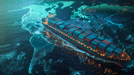 Supply chain logistics network distribution container on a world map, floating on the ocean. The ship operates for export and import. International delivery by sea. Transportation concept.