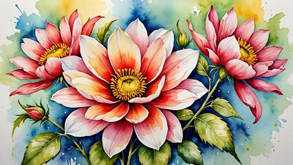 Wall Mural - Beautiful watercolor painting of pink and white flowers with yellow centers.