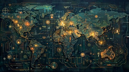 Wall Mural - Abstract world map concept - global business network and connections, international data transfer and cyber technology.