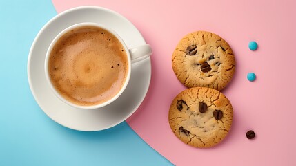 Wall Mural - a cappuccino and some sweets delicious cookies isolated on pink and blue background