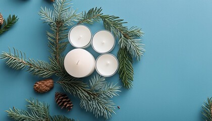 Wall Mural - candles on blue background top view christmas and winter season concept smoldering candle