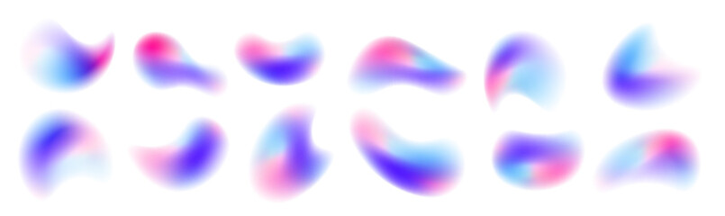Aufkleber - Iridescent chrome drops or hologram irregular freeform organic shapes. Color gradient circle backgrounds, abstract colors blend mesh with soft neon light, vector shapes. PNG