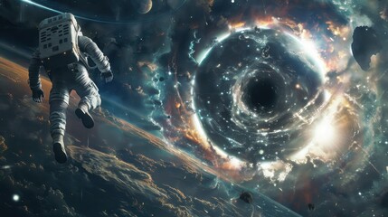 Poster - An astronaut floats in space near a swirling cosmic vortex or black hole amidst a vibrant, colorful nebula