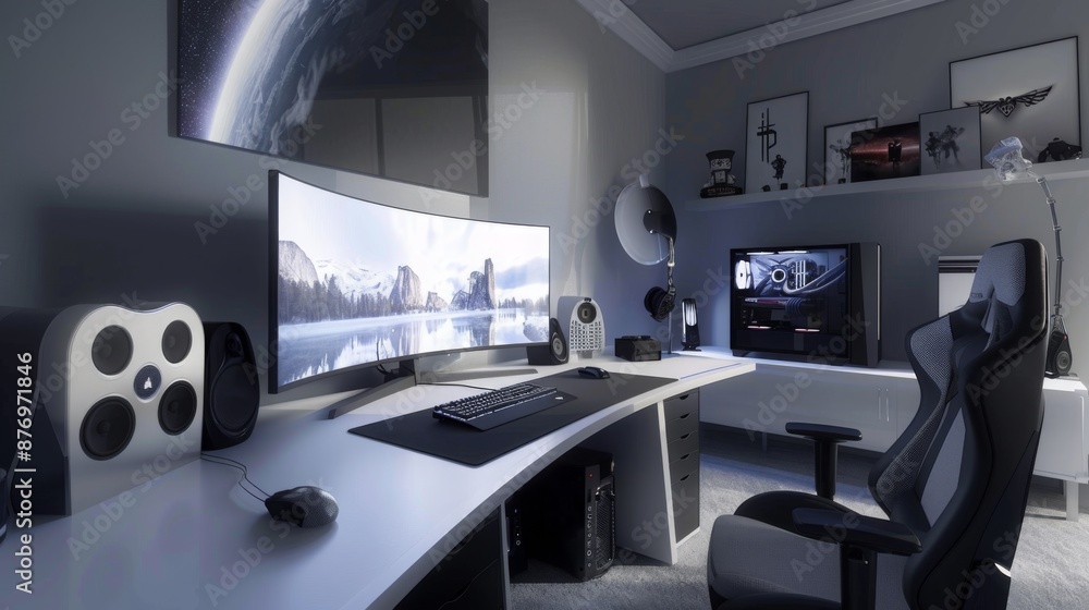 A modern gaming setup with a curved monitor, keyboard, mouse, and ...