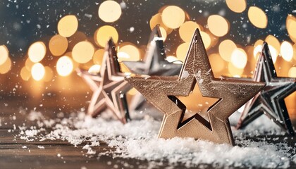 Wall Mural - defocus christmas stars lights with falling snow snowflakes winter and new year holidays copy space