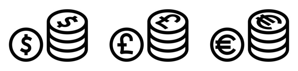 Wall Mural - Vector icons of stacked currency coins (Dollar, Pound, Euro), representing money, finance, and savings. Editable stroke.