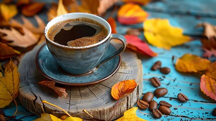 Wall Mural - Autumn still life with cup of coffee and colorful dry leaves on wooden board