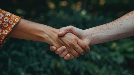 Two people of different skin tones shaking hands over a blurred background of foliage.