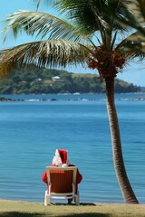 Wall Mural - A man in a Santa hat is sitting on a chair by the ocean. The scene is peaceful and relaxing, with the man enjoying the view of the water and the palm tree in the background