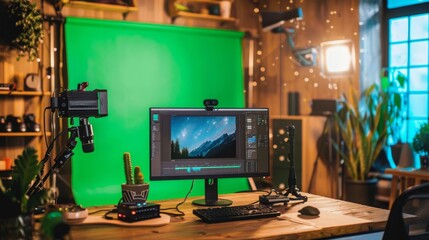 Aufkleber - A wooden desk with a computer and a green screen behind it. There are various recording equipment set up.