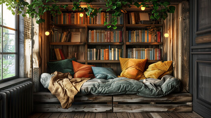 Wall Mural - A cozy reading nook made from repurposed wooden crates, filled with books and soft cushions.