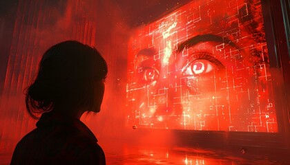 Wall Mural - Woman observing a big screen with red lights.