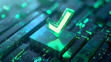 A glowing green checkmark icon on a digital background representing technology, approval, and data verification.