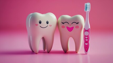 Wall Mural - Two happy smiling healthy teeth holding toothbrush on blue background. Concept of dentistry and healthy teeth 