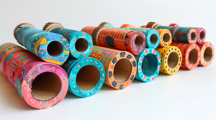 Wall Mural - A series of decorated cardboard tube binoculars, painted and ready for pretend play.