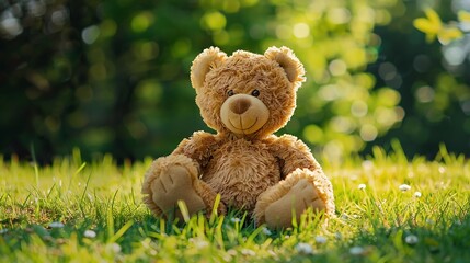 Wall Mural - Big plush teddy bear sitting alone on green grass lawn in summer