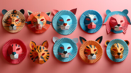 Wall Mural - A set of playful animal masks made from paper plates and construction paper, each one unique.