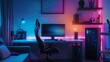 © Prostock-studio - A gaming setup with a computer monitor, keyboard, mouse, and gaming chair, illuminated with blue and pink neon lights. The room has a brick wall and a shelf with various items, including headphones.