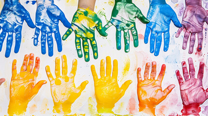 Wall Mural - Colorful handprint art created with kids, each handprint painted in different colors and arranged into playful designs on paper.