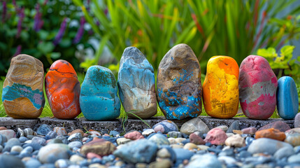 Wall Mural - Colorful rock garden markers arranged in a row, painted with vibrant hues to add a decorative touch to the garden.