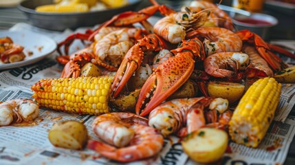 Sticker - A seafood boil with crab legs, shrimp, corn on the cob, and potatoes, served on a newspaper-lined table.