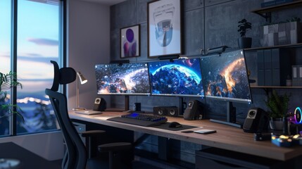 Aufkleber - A modern home office with a large desk, three monitors, comfortable chair, lamp, plant, and city skyline view from the window.