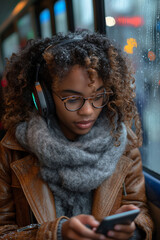 Wall Mural - A young woman wearing headphones, enjoying music