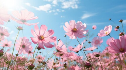 Wall Mural - Pink cosmos field sky landscape outdoors.