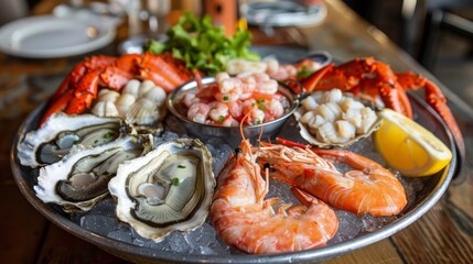 Sticker - A seafood platter with oysters on the half shell, crab claws, shrimp cocktail, and lobster tail.