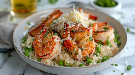 Poster - A seafood risotto with lobster meat, shrimp, scallops, and peas, garnished with parmesan cheese.