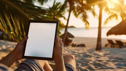 Mockup image of a man using tablet with blank white desktop screen while sitting on a beach. The concept of freelancing and vacationing. The concept of workaholism