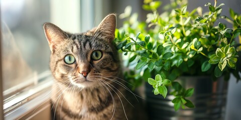 Wall Mural - A cat is sitting in front of a potted plant. The cat is looking out the window, and the plant is green and leafy. The scene is peaceful and calming, with the cat