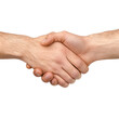 © CALMANDRELAX STUDIO - Close-up of a firm handshake between two hands, symbolizing agreement, cooperation, teamwork, and partnership on a white background.