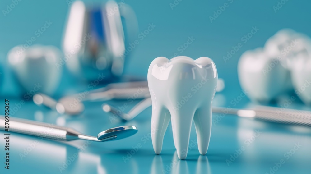 Dental care & hygiene tools. A model tooth with dental tools on a blue ...