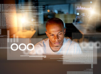 Leinwandbilder - Analytics, database and overlay with man programming in office at night for coding or encryption. Computer language, face and confused African programmer at work on 3D screen for development