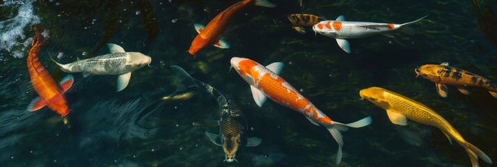 Wall Mural - Japanese zen pond with colorful koi fish swimming, showcasing nature's beauty and tranquility.