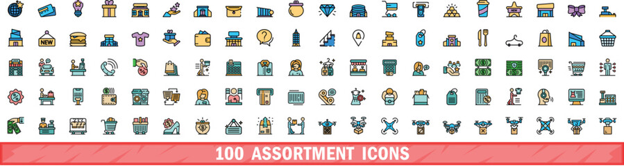 Canvas Print - 100 assortment icons set. Color line set of assortment vector icons thin line color flat on white