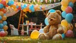 © Emma - Child birthday background in back yard with a large teddy bear colourful balloons