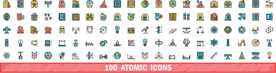 Wall Mural - 100 atomic icons set. color line set of atomic vector icons thin line color flat on white