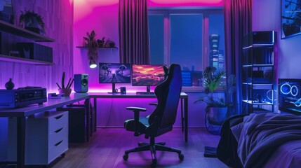 A modern gaming room with purple LED lighting, a large desk, two monitors, a gaming chair, and a comfortable bed.