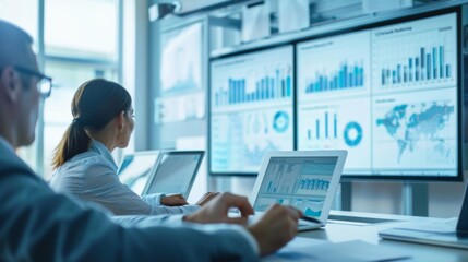 Poster - A team in a boardroom reviewing financial graphs on a large whiteboard.