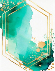 Wall Mural - Golden frame with teal green ink waves on a white background