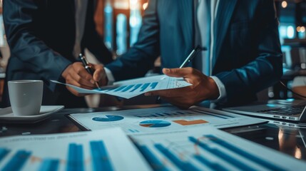 Poster - A team of business professionals analyzing business graphs and charts during a meeting.