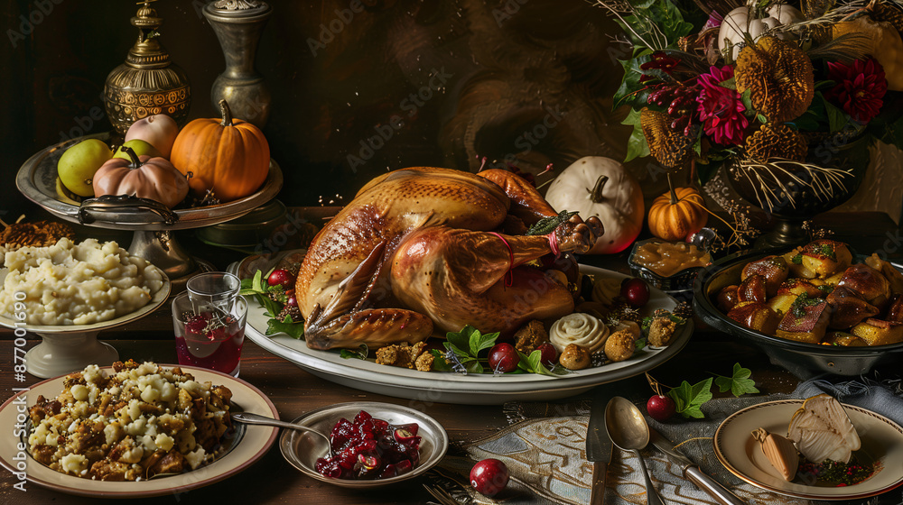 a Thanksgiving feast, featuring a golden roasted turkey as the ...