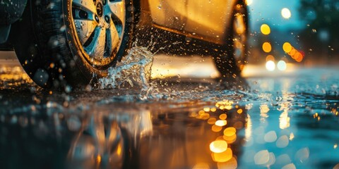 Canvas Print - Car Tire Rain Close Up