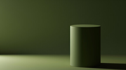 Clean 3D render of a tilted cylinder on a solid olive green background